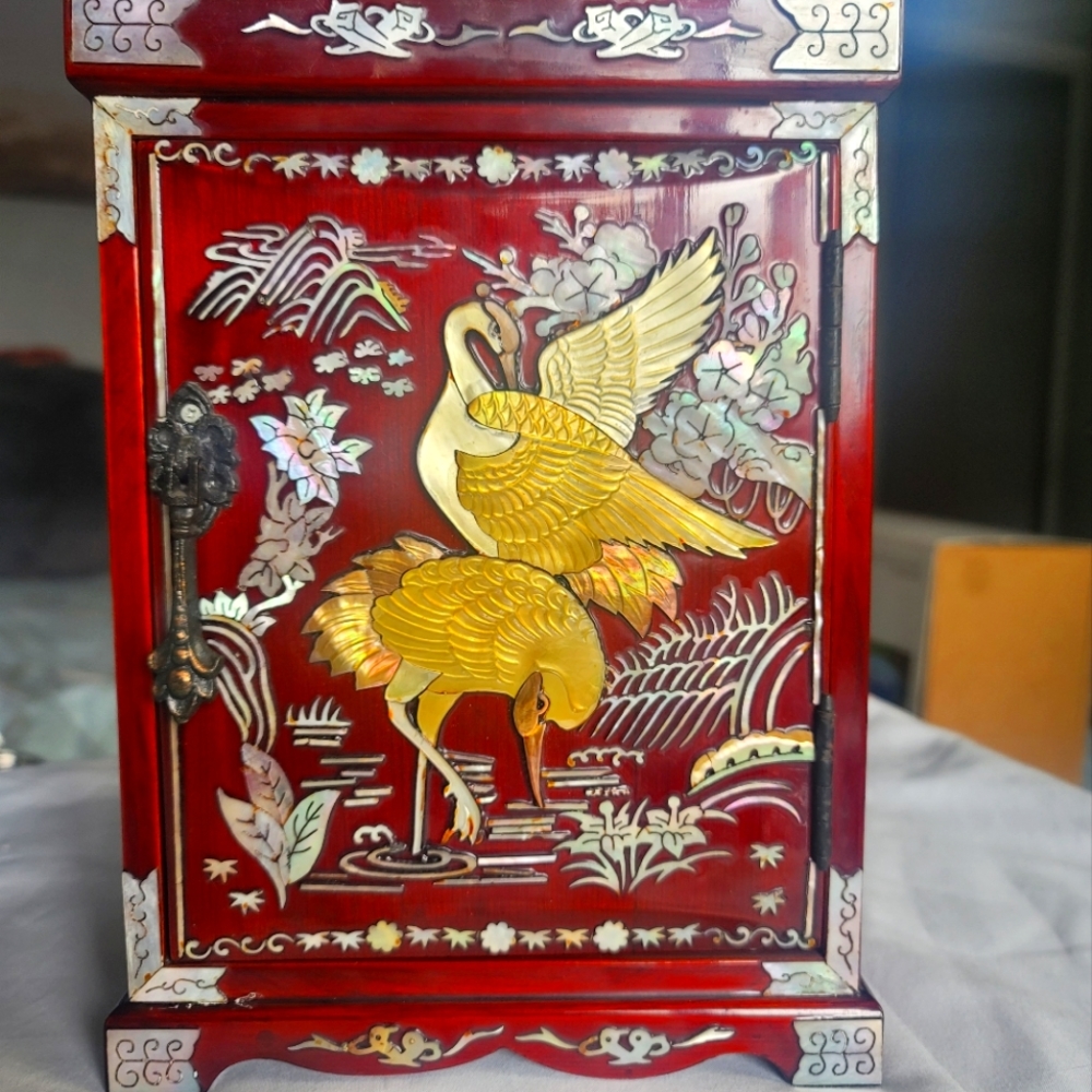 Antique Asian Mother of Pearl and Red Laquer Box